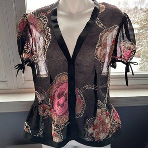 Like New Trina Turk Paisley Peplum Sheer Black Silk Blouse, Size 6